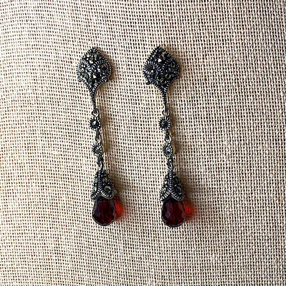 Vintage Red Garnet and Marcasite Long Drop Dangle Sterling Silver Earrings - Picture 14 of 14